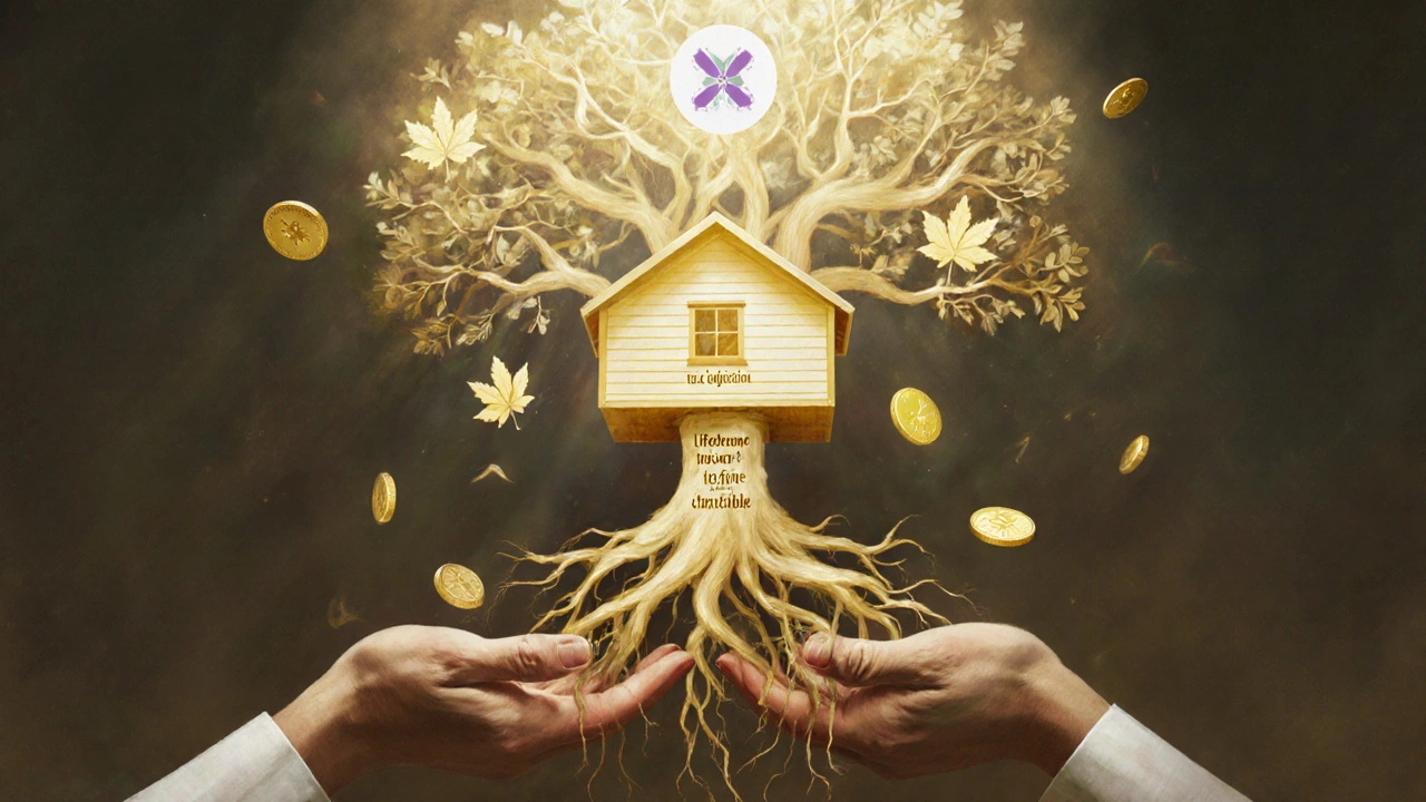 A house floating into a glowing tree-like trust structure with symbols of tax savings and charity.