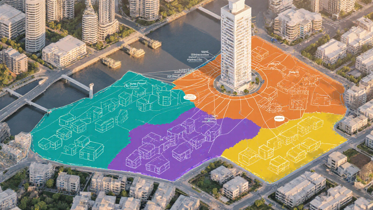 Aerial view of a city illustrating blended homeless programs with colored zones and outreach routes.