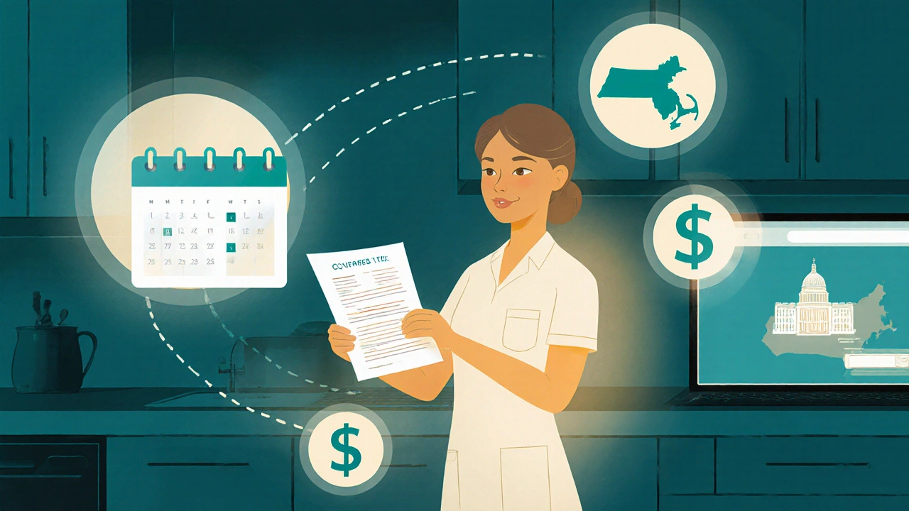 Caregiver holding a paycheck with floating calendar and Massachusetts map icons.