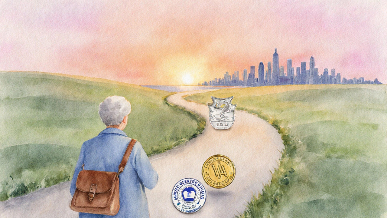 Caregiver walking on a path with symbols of tax credit, VA pension, and health aid toward sunrise.