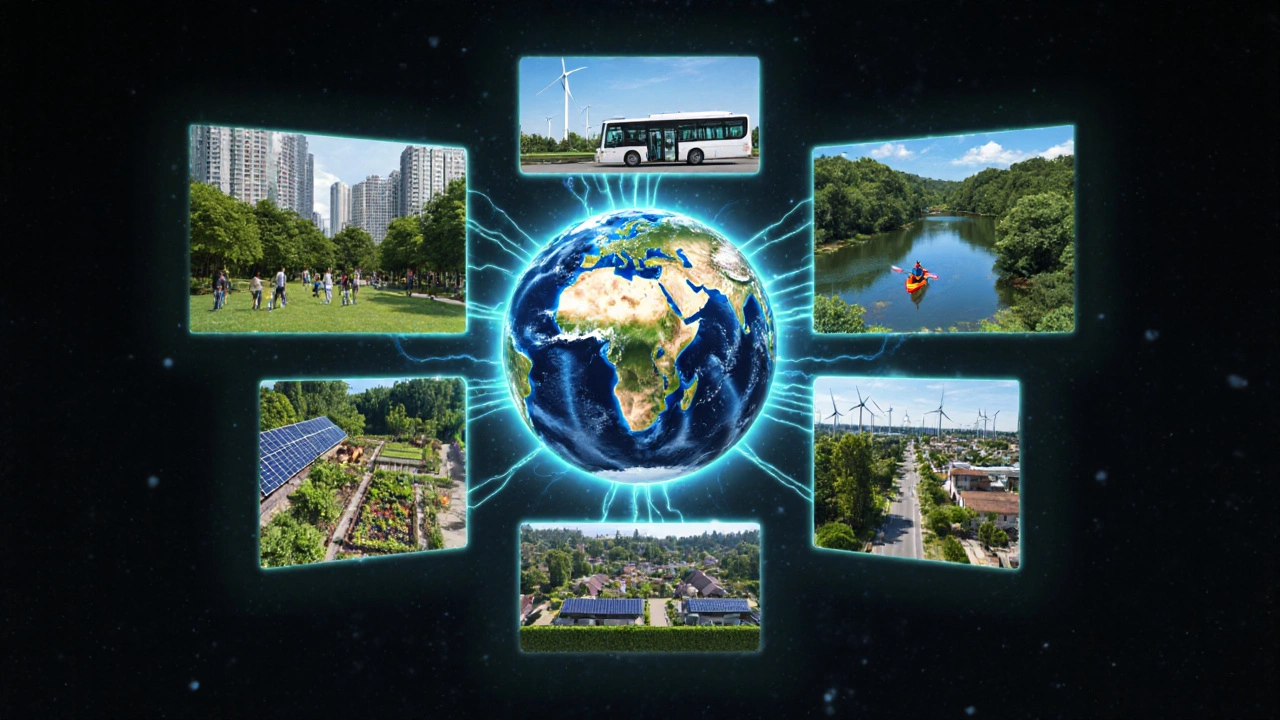 Collage of seven healthy environment scenes surrounding a glowing Earth.