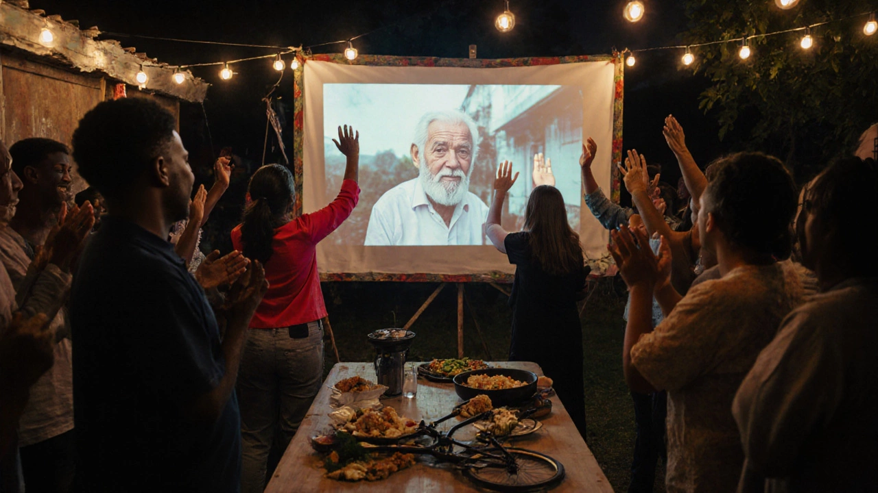 Community celebrates elder with photo projection at barbecue