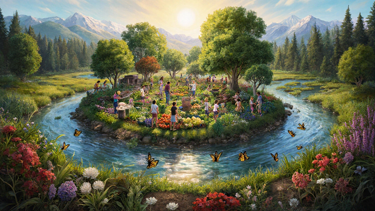 Community garden beside river connecting food, recreation, carbon storage, and pollination.