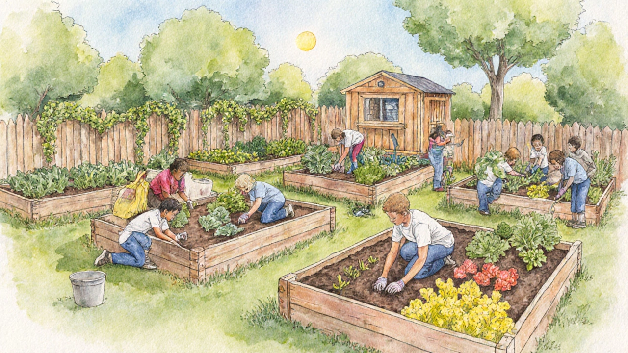 Community garden with raised beds, volunteers planting vegetables and herbs.