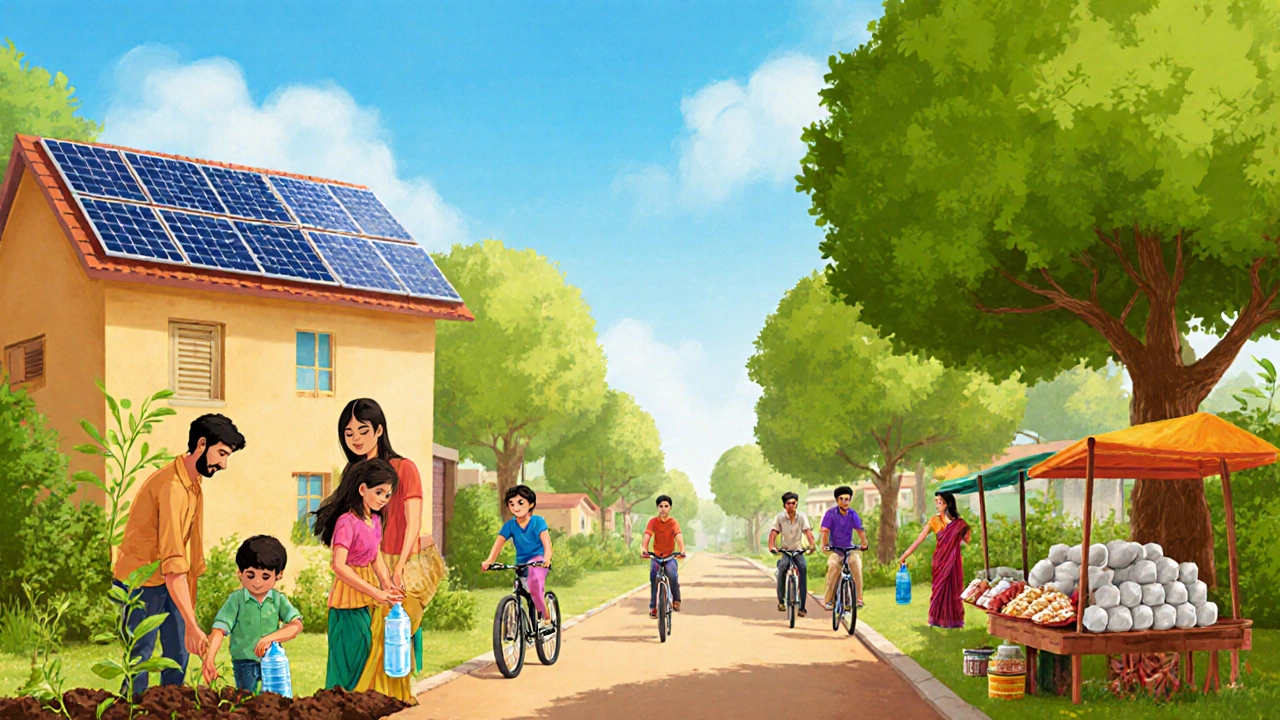 Community planting trees, using solar panels, biking, and avoiding plastic in a sunny neighborhood.