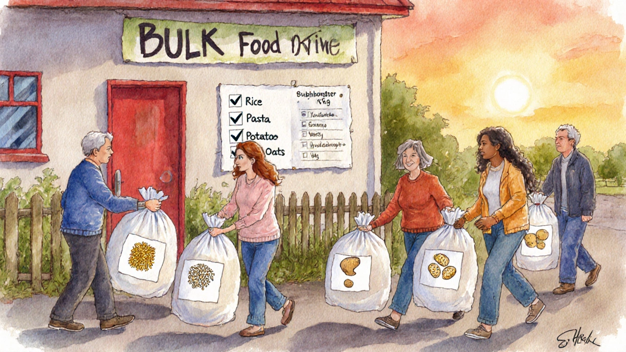 Community volunteers delivering bulk food bags during a donation drive outside a food bank.