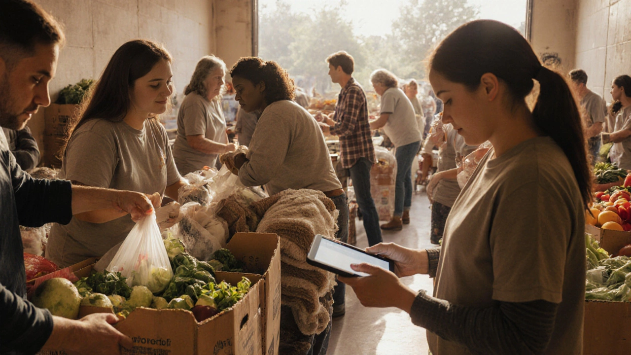 Community volunteers of varied ages sorting food and blankets at a sunny pantry.