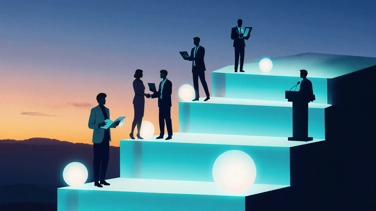 Digital art of a glowing staircase showing career steps from outreach worker to director.
