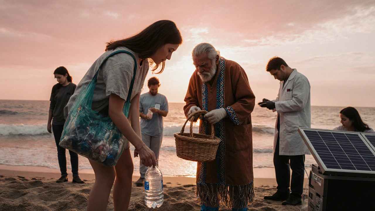 Diverse volunteers cleaning a beach at sunrise, including an Indigenous elder and a scientist.