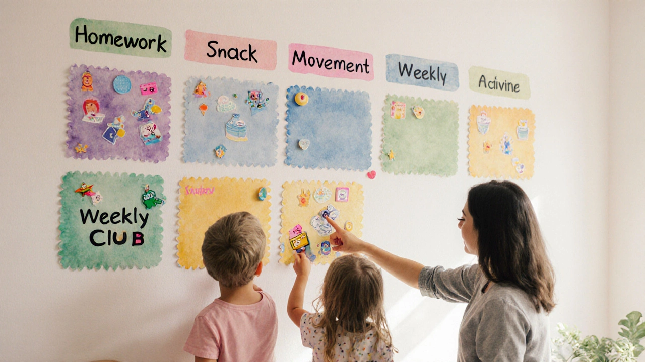 Family checking a colourful wall schedule with stickers, celebrating routine.