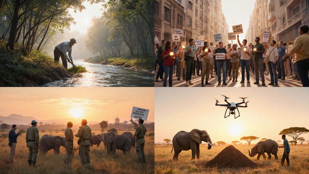 Four realistic vignettes showing conservation, climate activism, wildlife patrol, and sustainable farming.