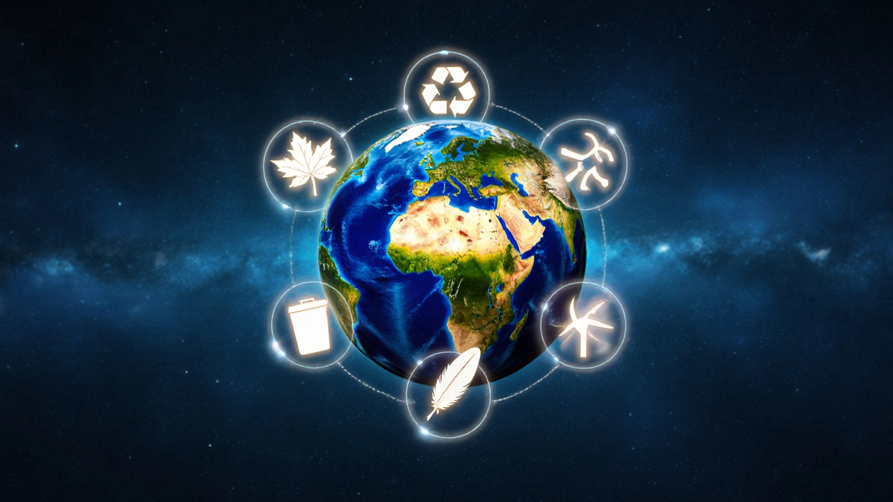 Glowing icons around a globe representing many types of environmental groups.