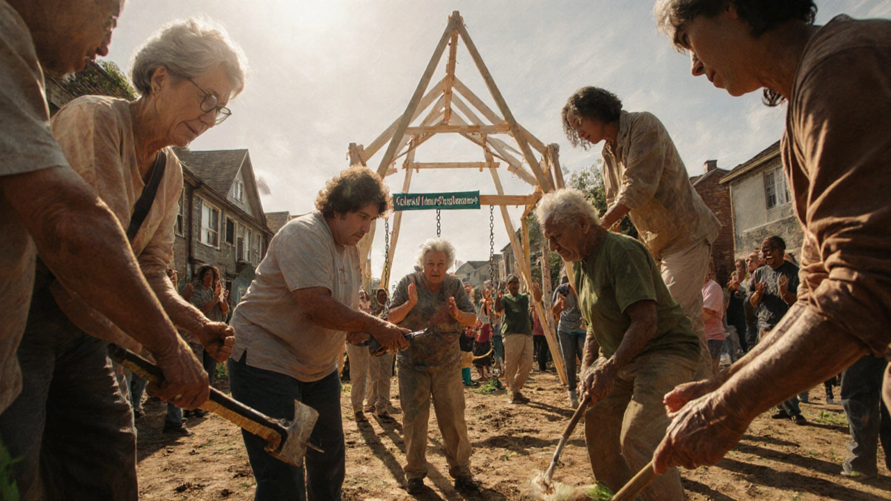 Group of volunteers building a new playground, celebrating their community impact.