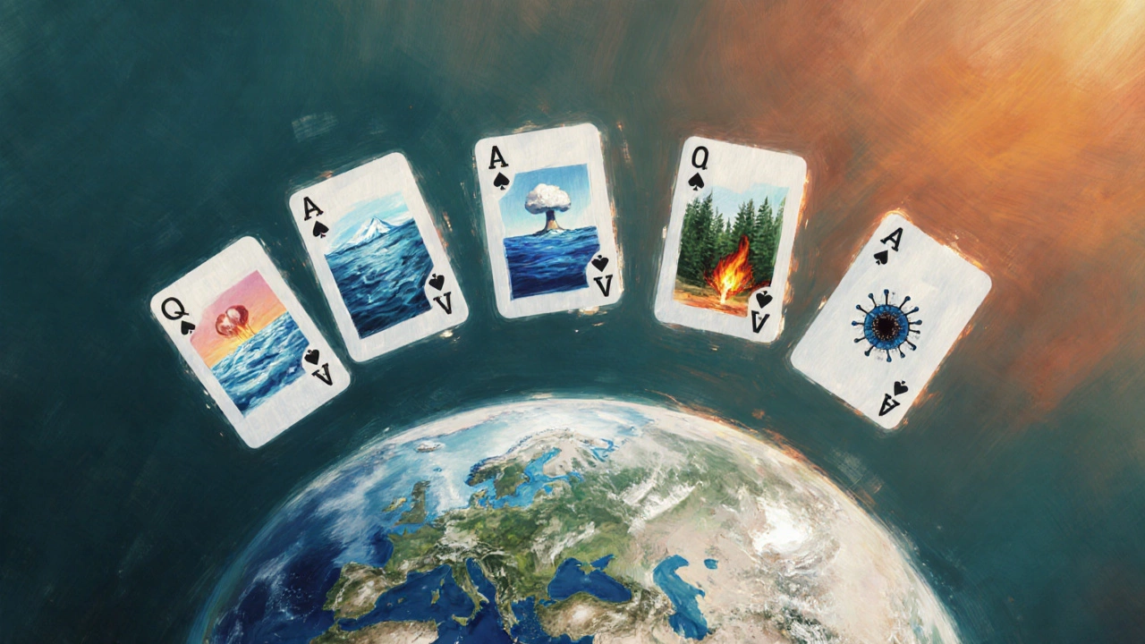 House of cards over Earth with cards showing glacier melt, coral loss, plastic, fire, nuclear cloud, virus.