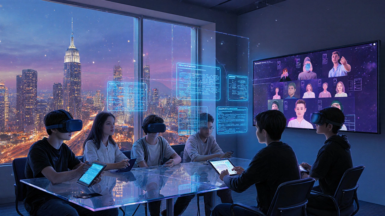 Hybrid workshop with teens on screens and in-person, city skyline, illustrating digital‑plus‑real collaboration.