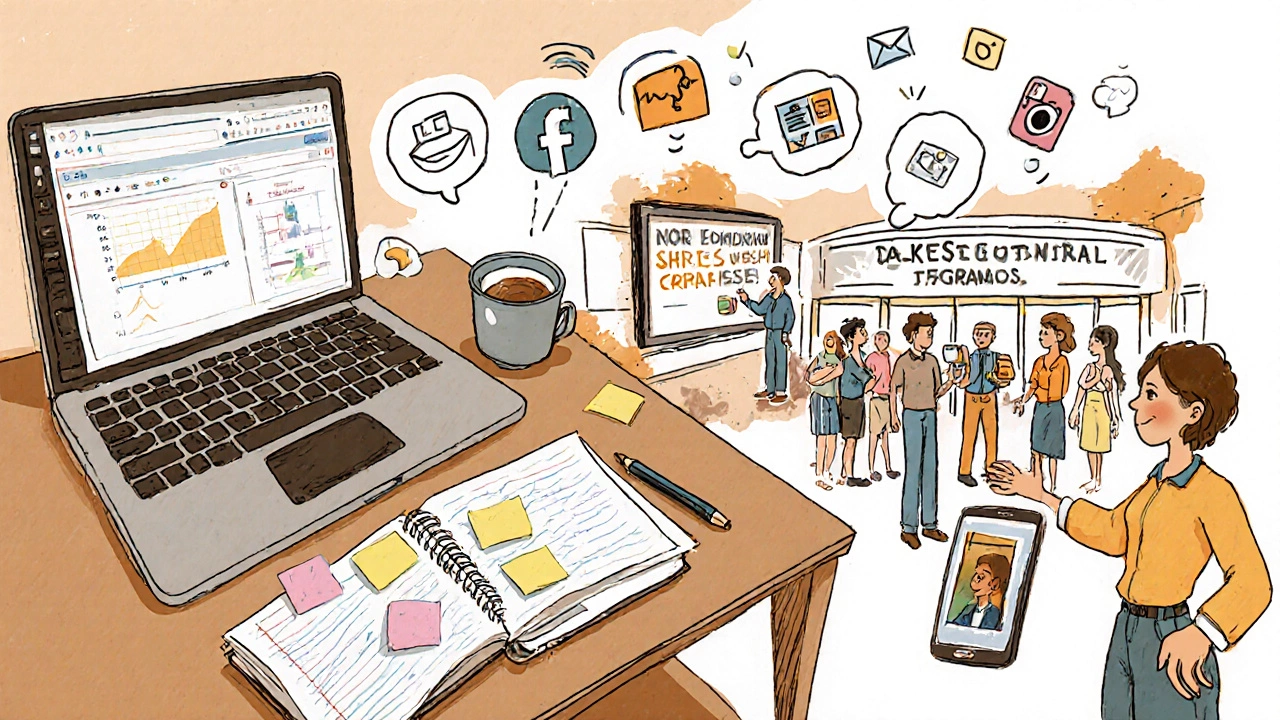 Illustration of an outreach worker's desk, phone call, community workshop, and social media ideas.