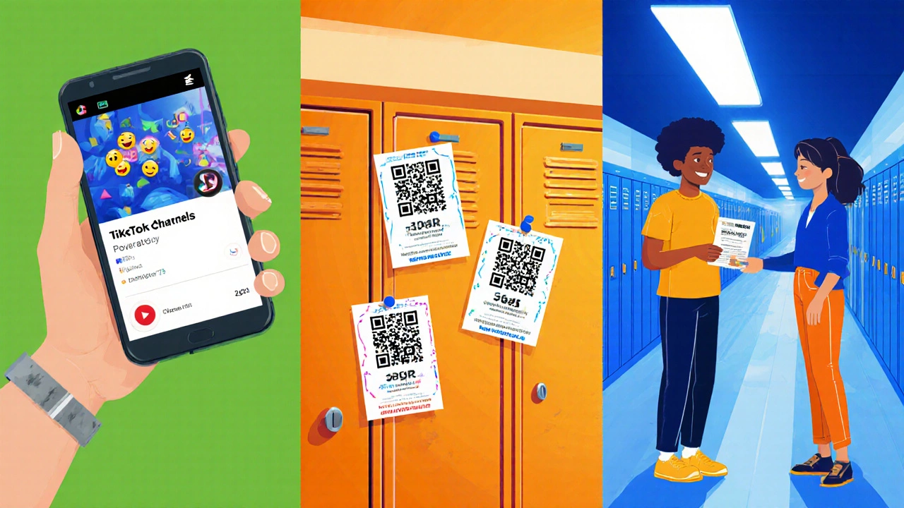 Illustration of smartphone video, flyers on lockers, and friends sharing club info.