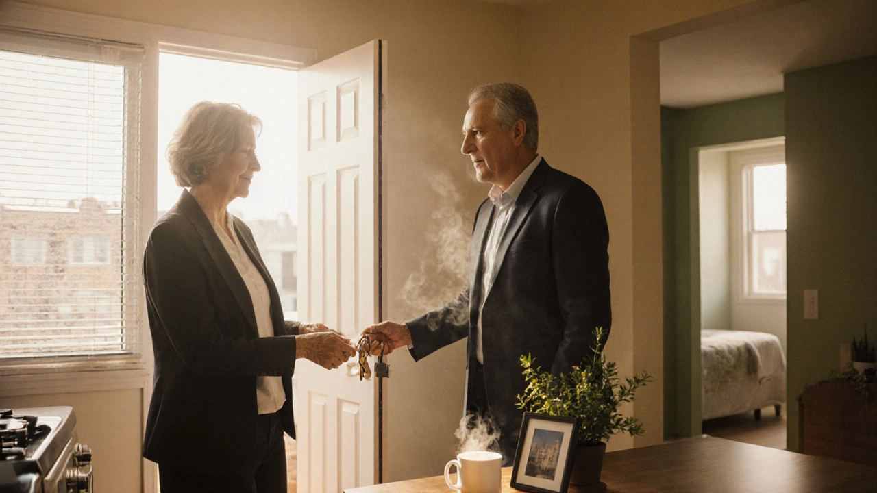 Inside a Housing First apartment, a resident receives keys from a case manager with sunlight streaming in.