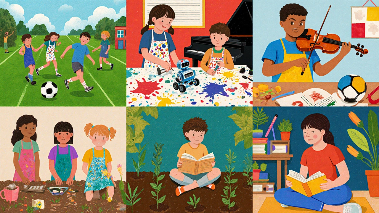 Kids engaged in soccer, music, painting, robotics, gardening, reading, and yoga.