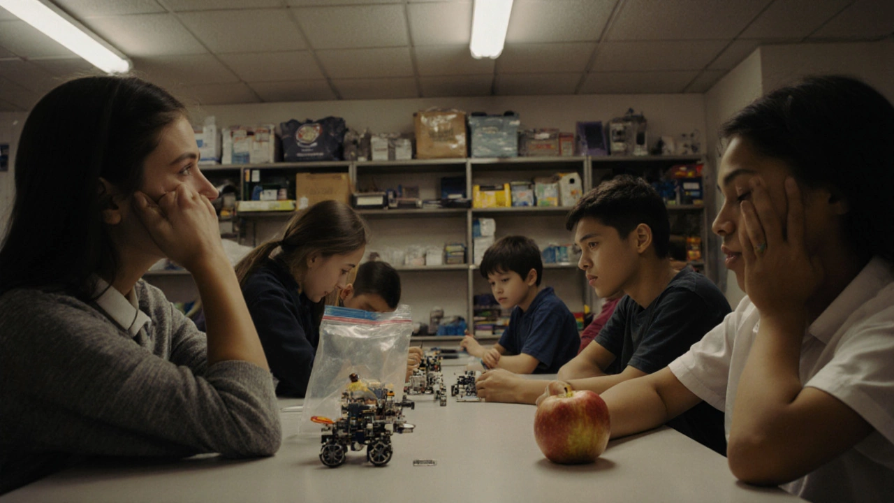 Kids in an after-school robotics club, one looking tired with an empty snack bag on the table.