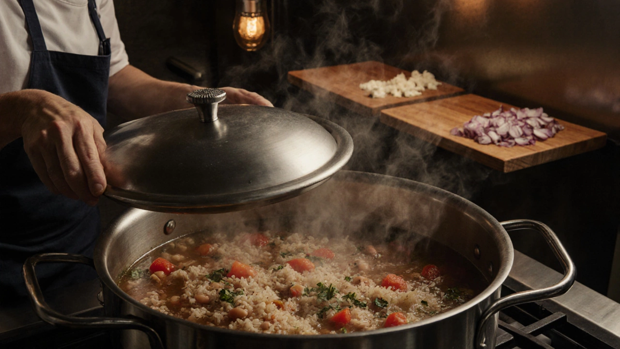 Large pot of steaming bean‑rice stew on a kitchen stove with a volunteer lifting the lid.