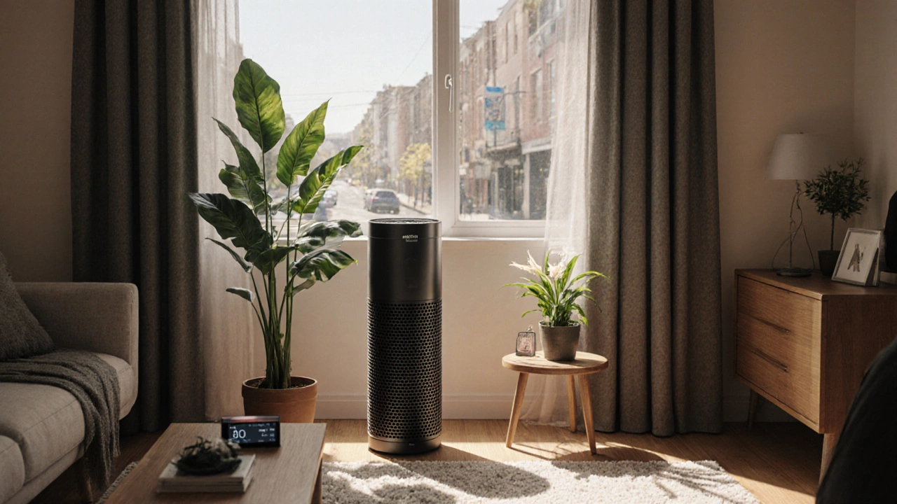 Living room with air purifier, houseplants, curtains, and natural light.
