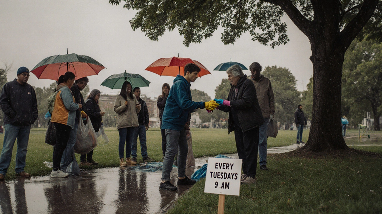Neighbors cleaning park together in the rain on Tuesday