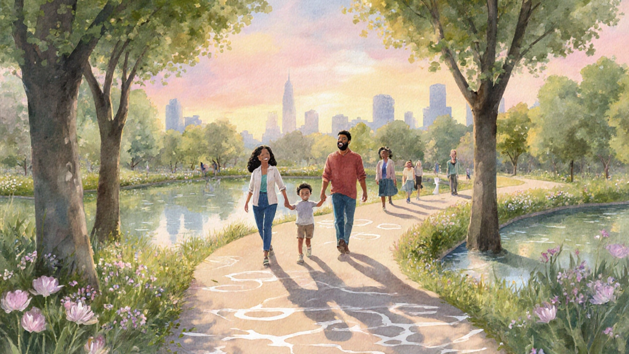 People walking in a sunny park with trees and a pond.