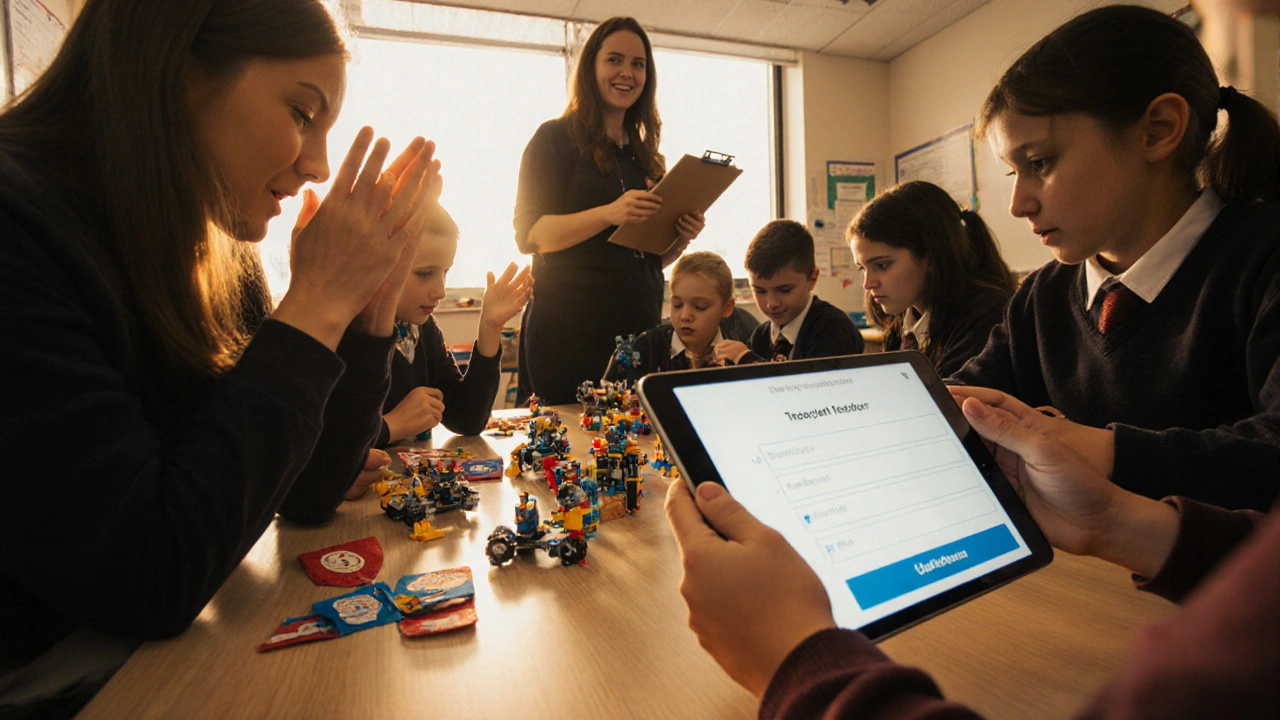 Robotics taster event with students building LEGO, teacher supporting, and snacks.