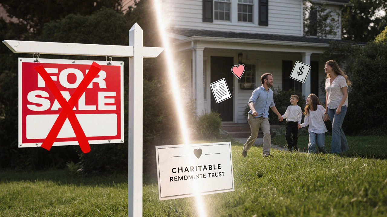 Split image: a house with a 'For Sale' sign on one side, a trust plaque on the other, connected by light.