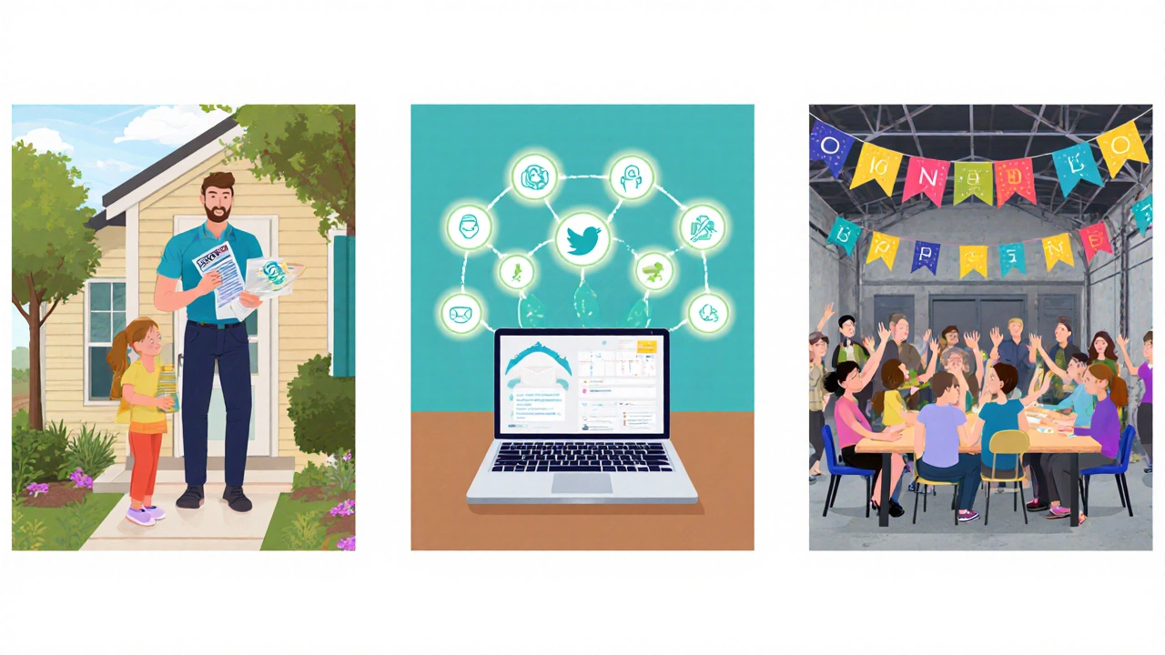 Triptych shows door canvassing, social media campaign, and community workshop.