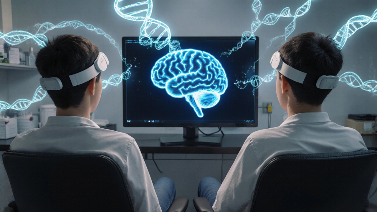 Twin teens in a lab with EEG caps and glowing DNA strands.