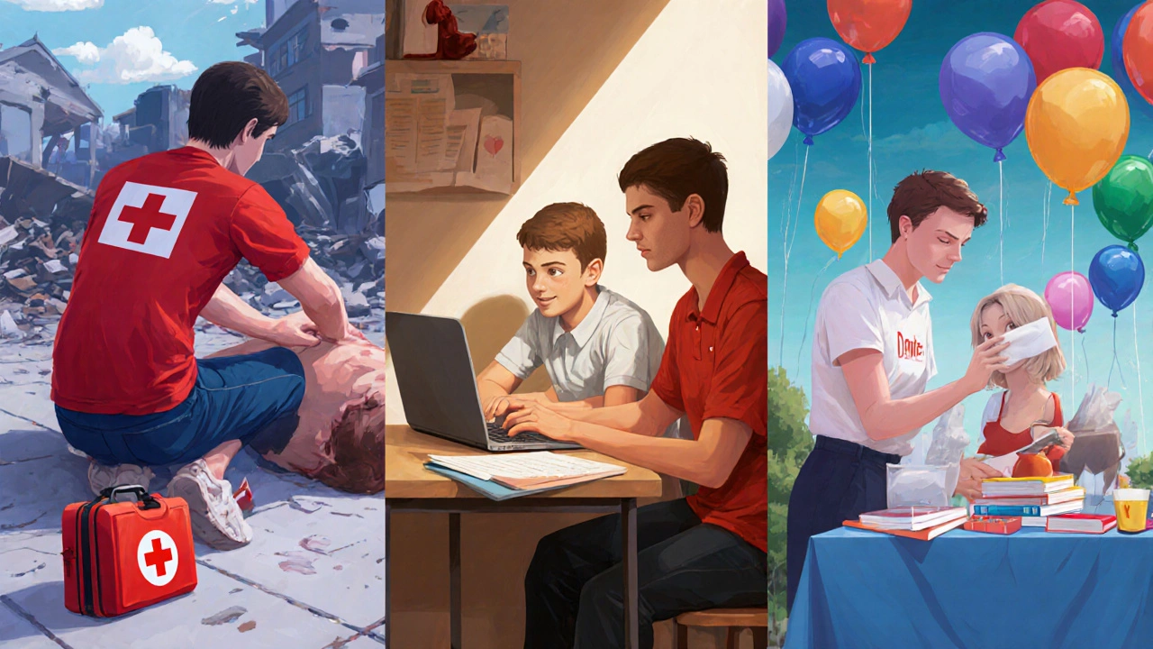 Volunteer first aid, tutoring, and fundraising scenes shown together in a vibrant illustration.