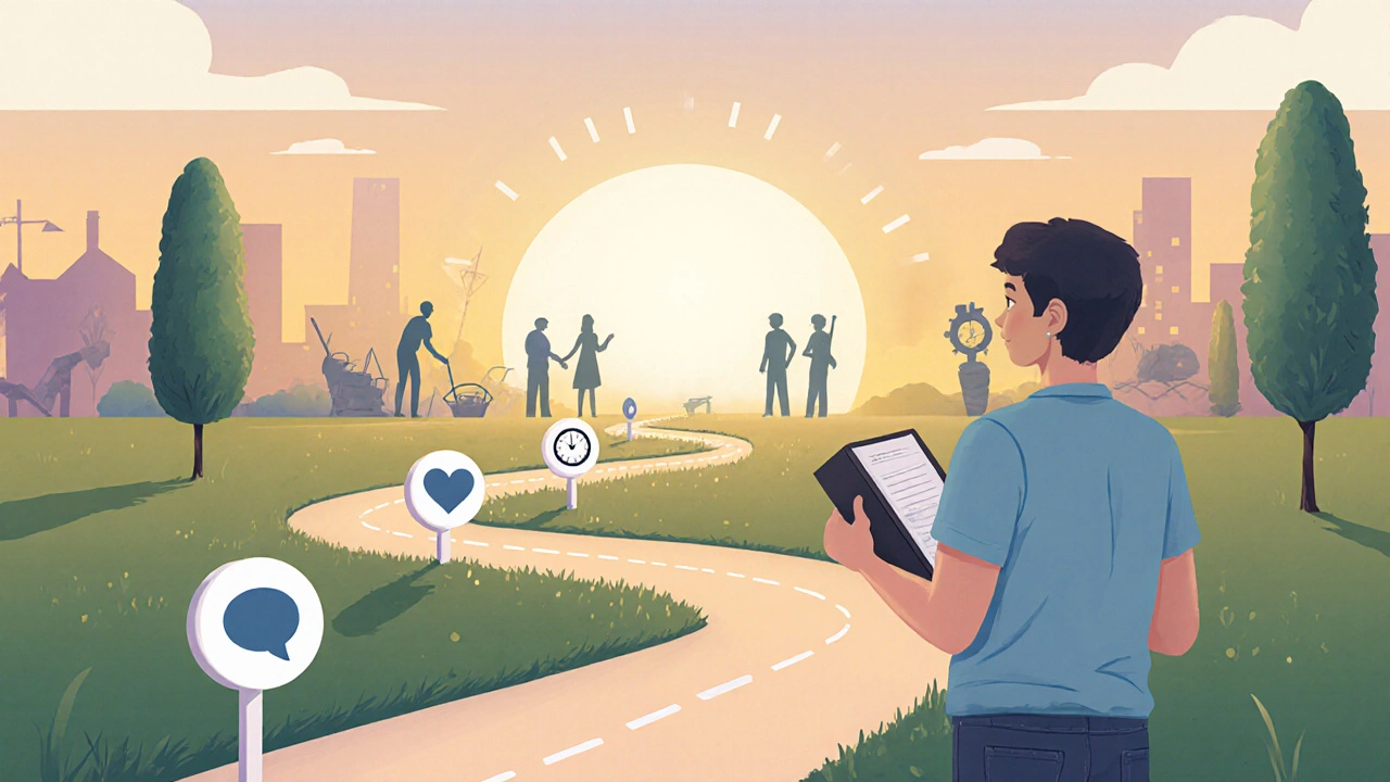 Volunteer walking a path of skill icons toward hopeful community projects.