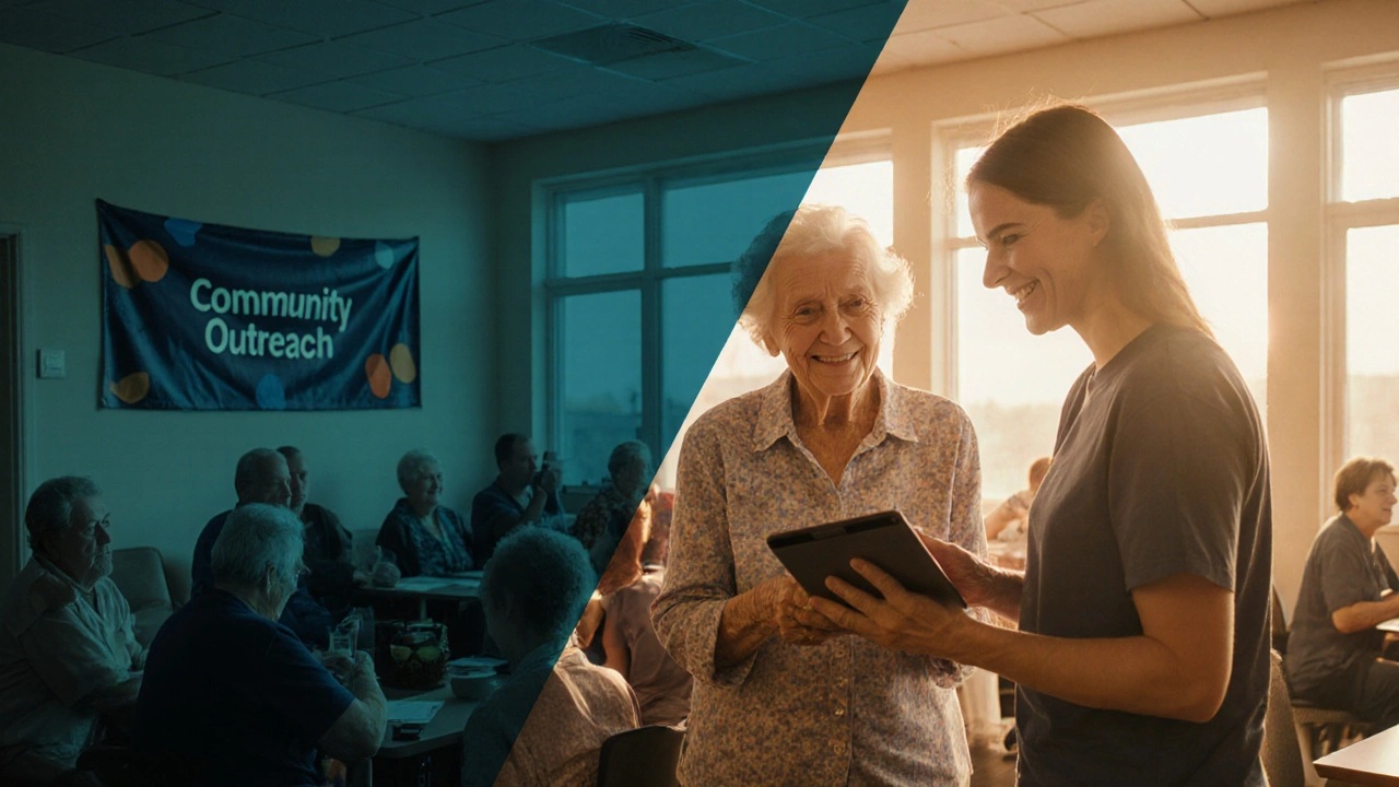 Volunteers teaching seniors technology during a community outreach event.