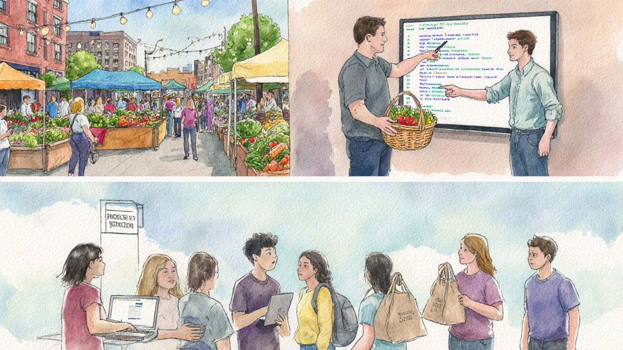 Watercolor of a food market, coding bootcamp, and climate canvassing crew.