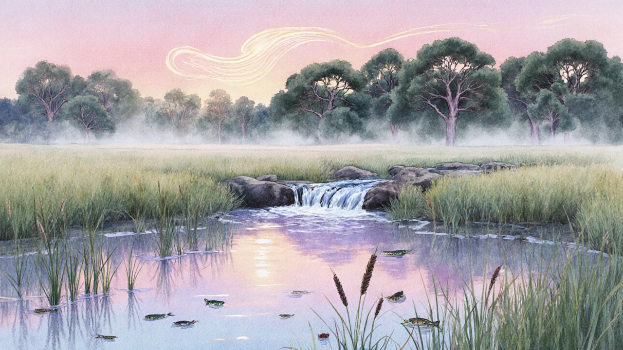 Watercolor wetland at sunrise illustrating flood control and carbon‑sequestering forest.