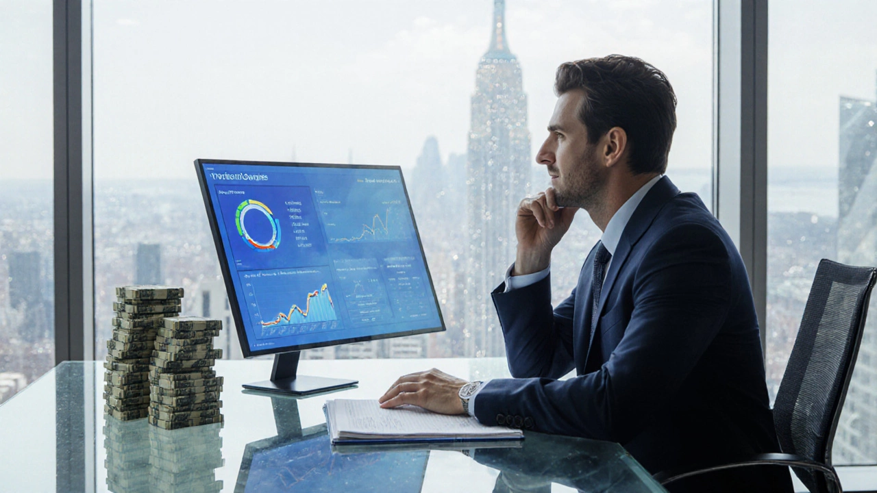 Wealthy donor in a bright office reviewing large cash donations with stacks of money and city view.
