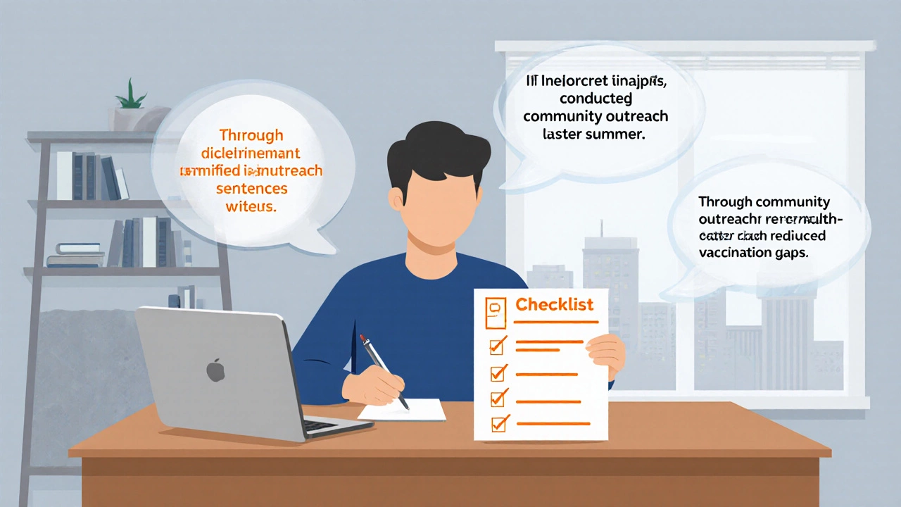 Writer at a desk with floating bubbles showing correct sentence examples.