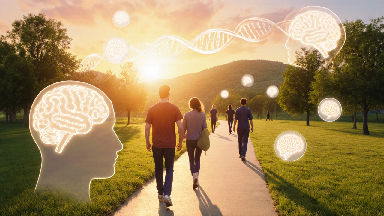 Young adult walking a sunrise path with supportive silhouettes and subtle DNA motif.