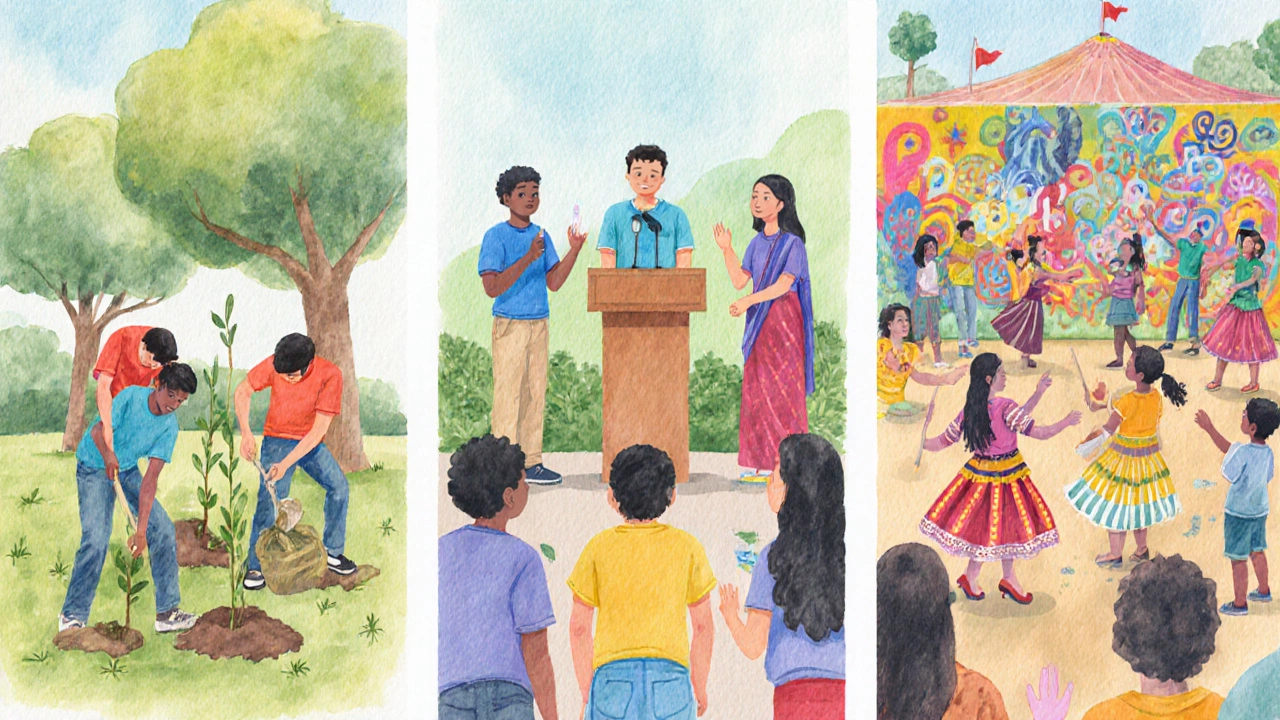 Youth volunteers cleaning a park, leading a meeting, and hosting a cultural festival, showing service and inclusion.