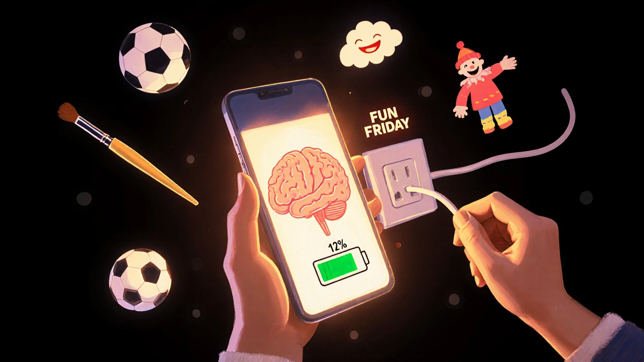A child&#039;s brain as a phone recharging with play icons during Fun Friday.