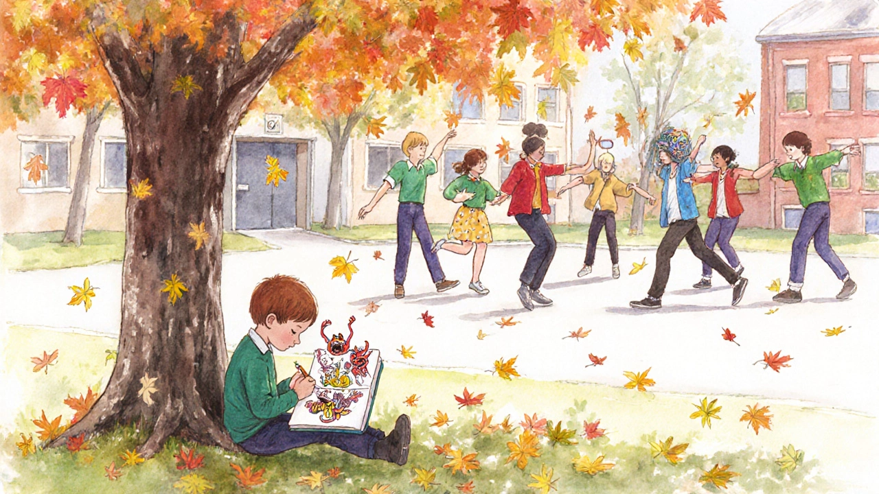 A child sketching under a tree as others dance freely in the background.