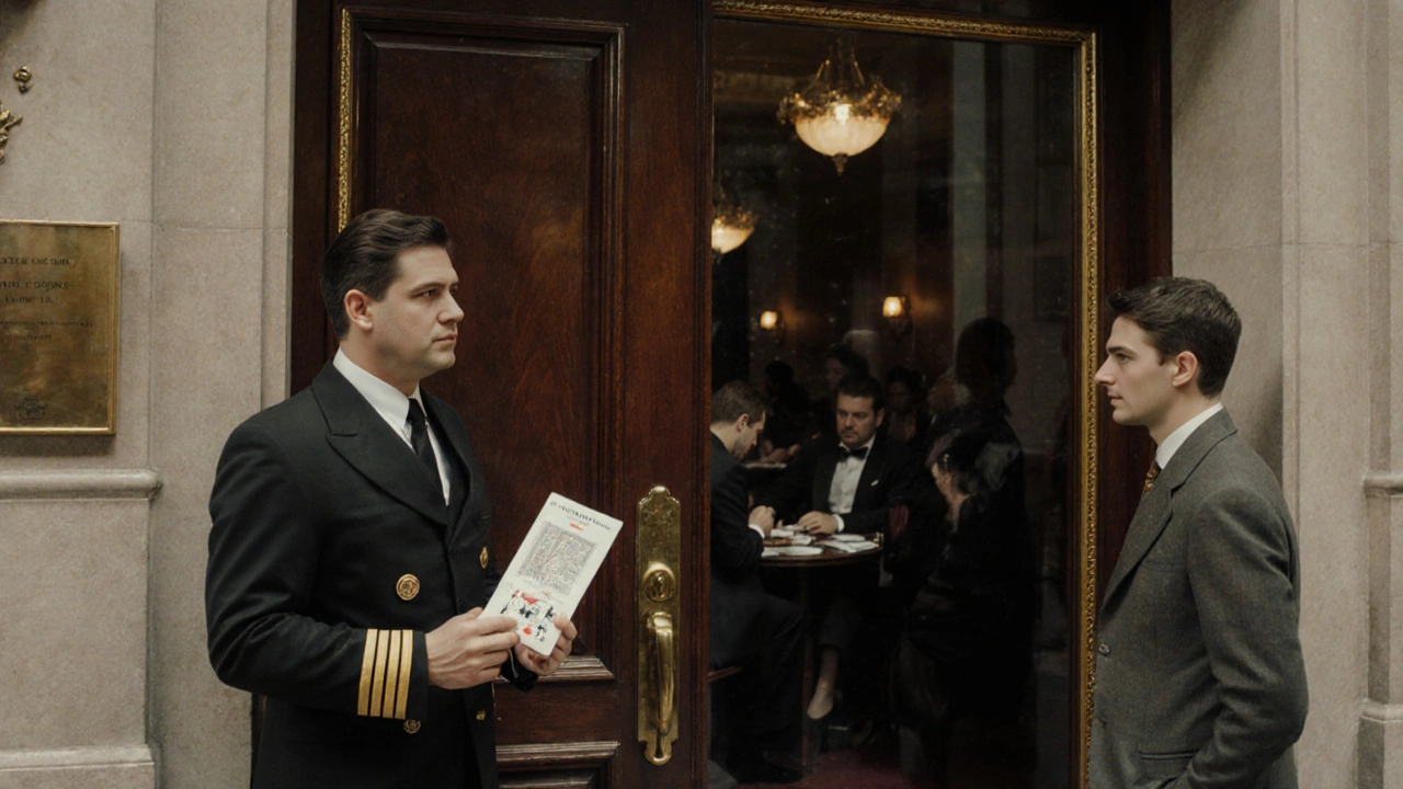 A curious person hesitates outside a private social club as a doorman stands guard, glimpses of members inside.