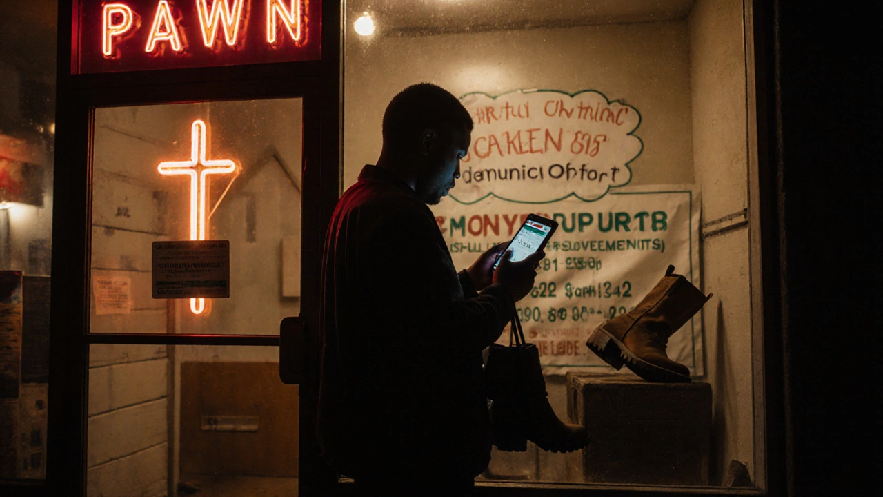 A person considering selling belongings at a pawn shop near a church.