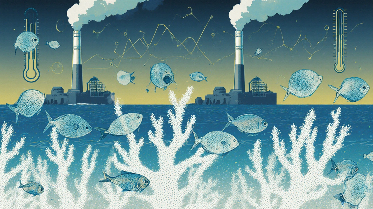 Dead white coral reef floating with microplastics, smokestacks emitting CO2 in background.