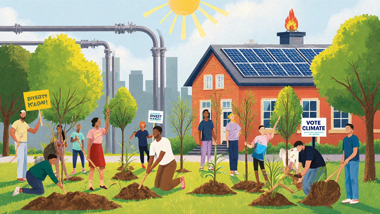 Diverse community planting trees and installing solar panels with fading fossil fuel pipelines behind.