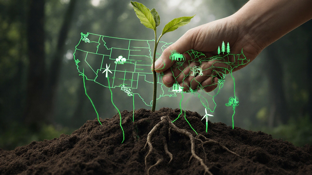Hand planting a tree whose roots form a map of the U.S. with protected ecosystems growing from it.