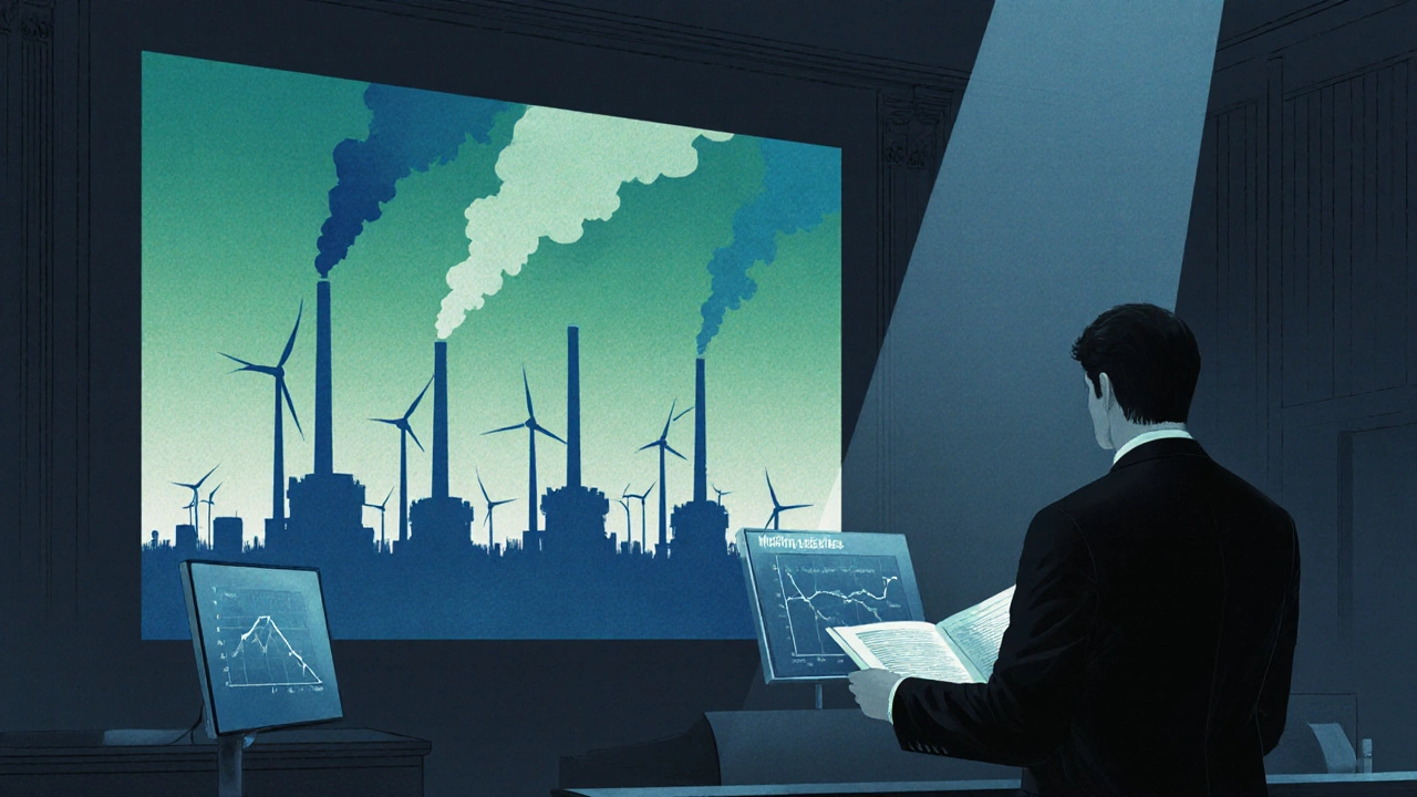 Lawyer presenting environmental data in court as smokestacks turn into wind turbines.