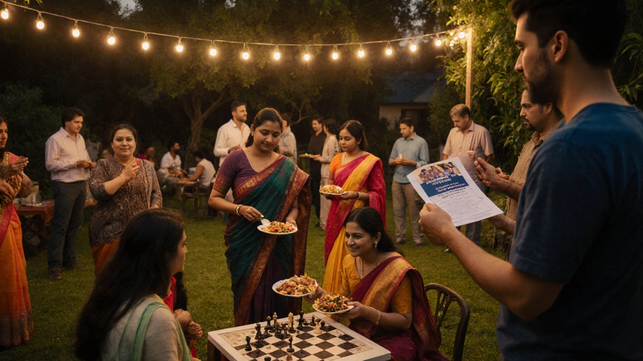 People enjoying a community event under string lights, sharing food and playing chess in a garden setting.
